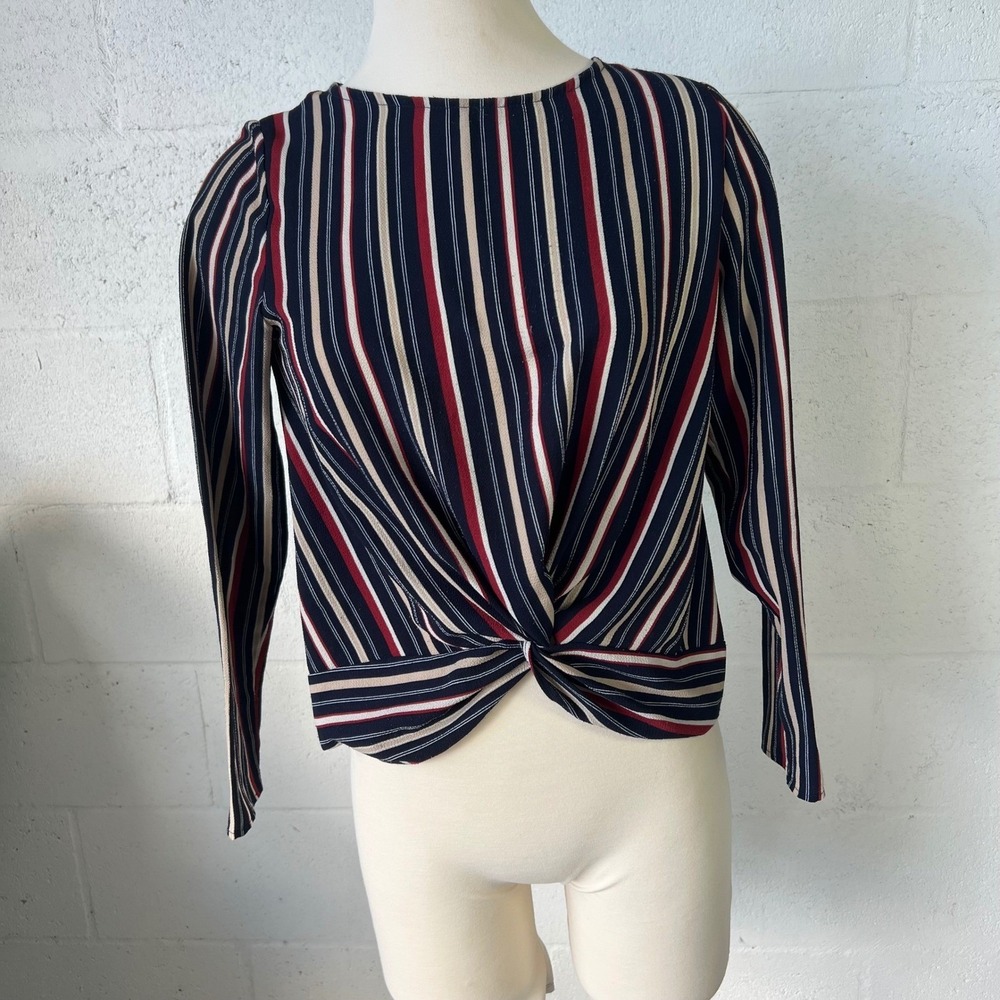 Urban Romantics Womens Blouse Front Twist Knot Striped Navy Red Small